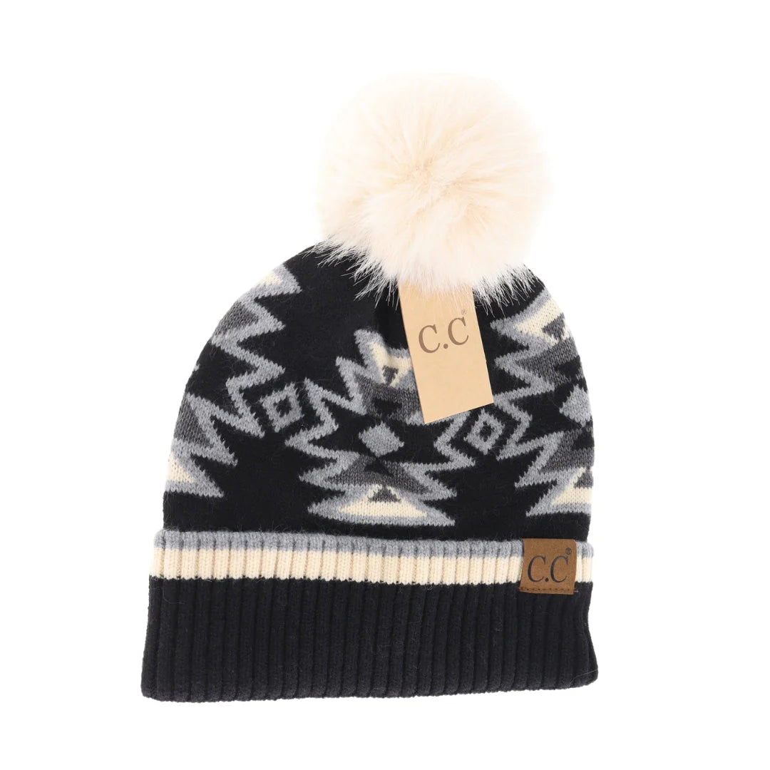 Aztec Fur Pom Beanie