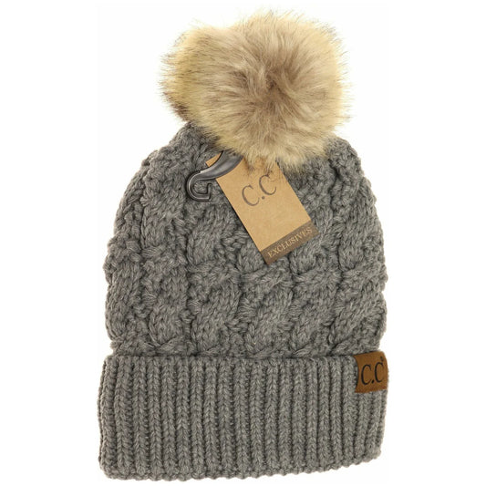Ribbed Cable Knit Fur Pom Beanie