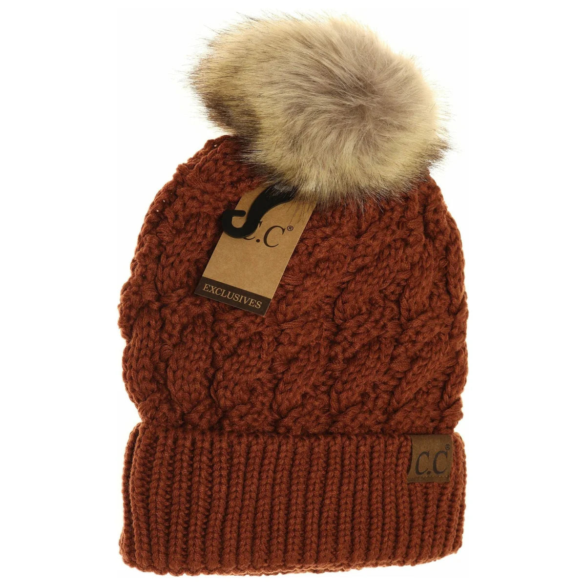 Ribbed Cable Knit Fur Pom Beanie