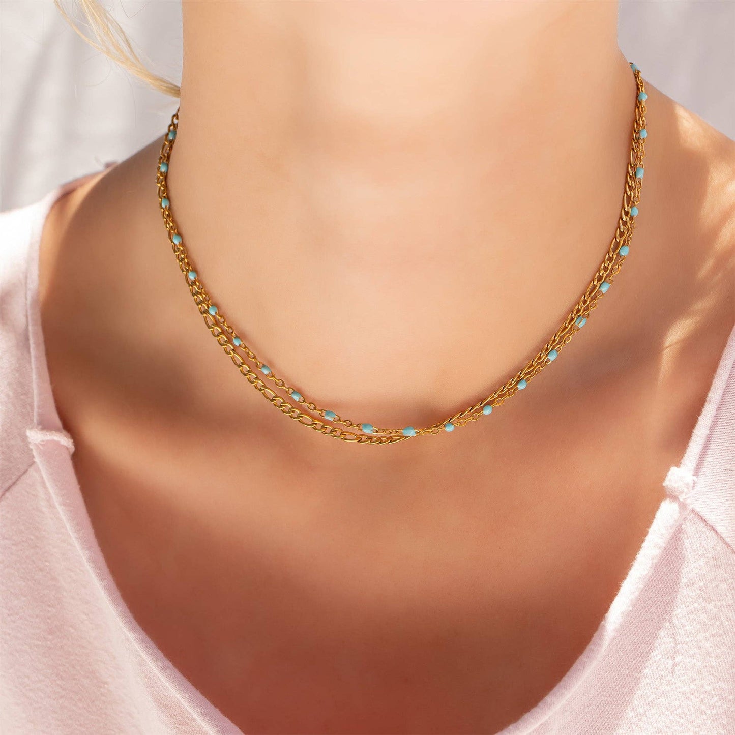 18K Gold Stainless Steel Turquoise Chain Necklace
