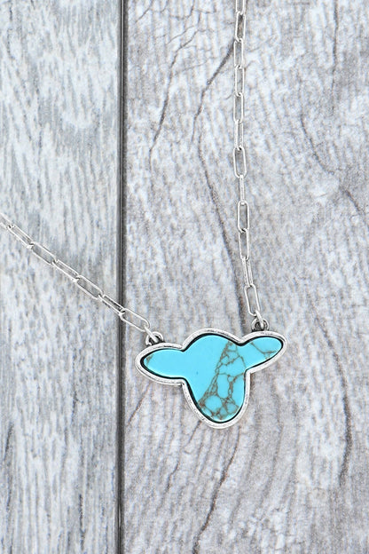 Paperclip Chain Necklace w/ Turquoise Stone Cow Head Pendant