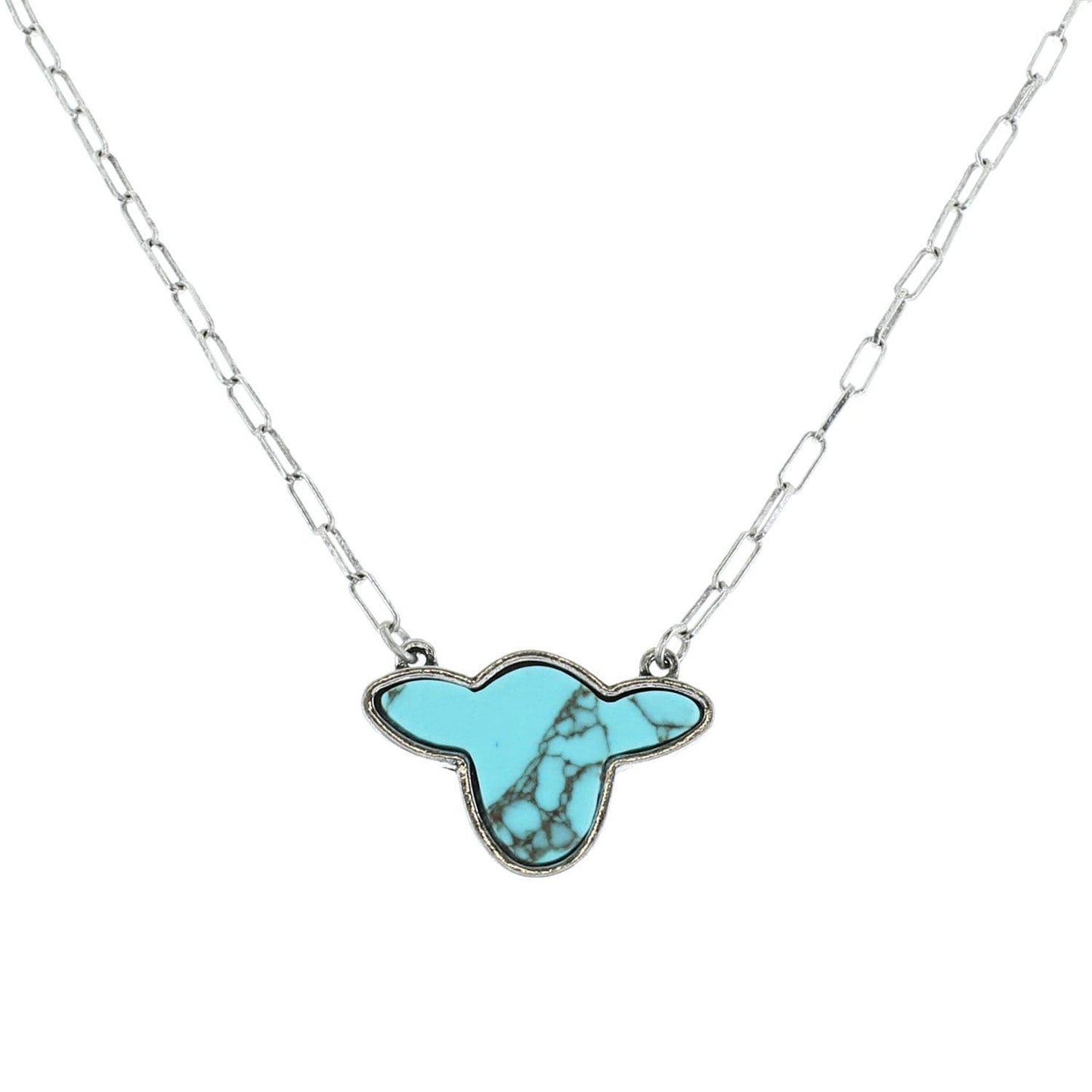 Paperclip Chain Necklace w/ Turquoise Stone Cow Head Pendant